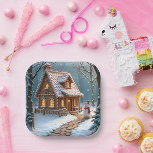 Christmas Gingerbread House With a Snowman  Papieren Bordje (Feest)