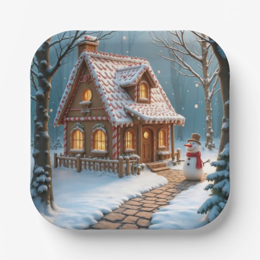 Christmas Gingerbread House With a Snowman Papieren Bordje (Voorkant)
