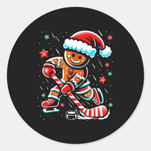 Christmas Gingerbread Ice Hockey Srts Funny Xmas P Ronde Sticker (Voorkant)
