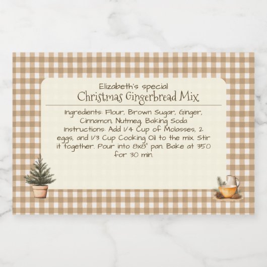 Christmas Gingerbread Mix Brown Gingham Labels Voedselcontainer Etiket (Enkel label)