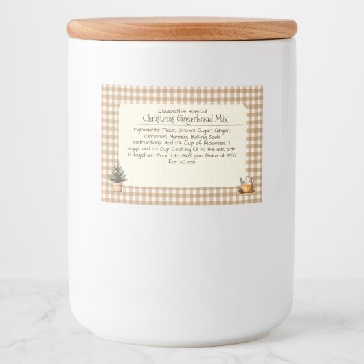 Christmas Gingerbread Mix Brown Gingham Labels Voedselcontainer Etiket (Voorkant)