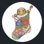 Christmas Gingerbread Stocking Sticker<br><div class="desc">Een schattige peperkoekjongen glundert naar je op deze vakantie-sticker. Het ontwerp is van originele kunst.</div>