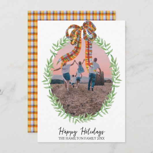 Christmas Gingham Coquette Krans Foto Feestdagenkaart (Voorkant / Achterkant)