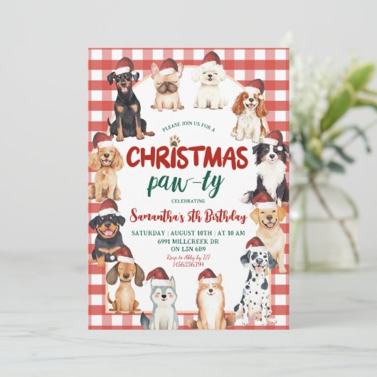 Christmas Gingham Dog Paw-ty Animal Lover Birthday Kaart (Staand voorkant)