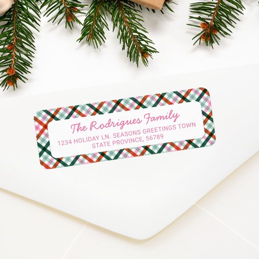 Christmas Gingham Roze Rood Groen Retouradres Etiket