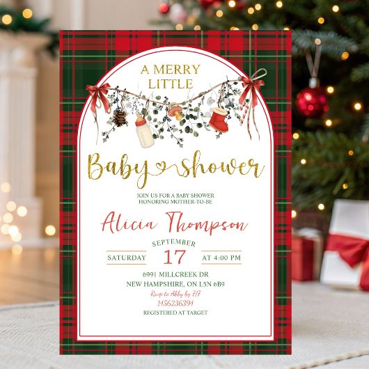 Christmas Gingham Rustic Merry Little Baby Shower Kaart