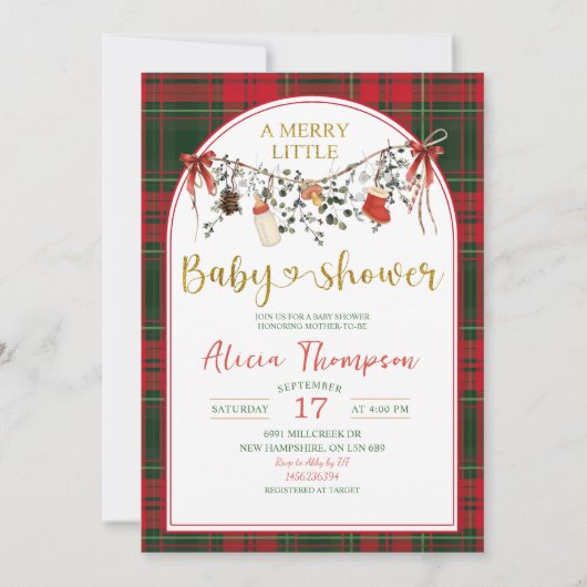Christmas Gingham Rustic Merry Little Baby Shower Kaart (Voorkant)
