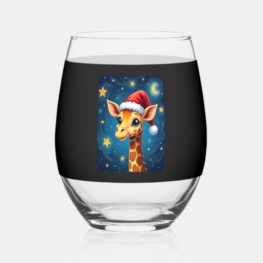 Christmas Giraffe Santa Hat Starry Night Holiday L Wijnglas Zonder Voet (Voorkant)