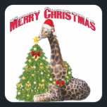Christmas Giraffe Vierkante Sticker<br><div class="desc">Schattige kerstGiraffe met zijn kerstman en versierde kerstboom - hij plaatst de ster bovenop de boom</div>