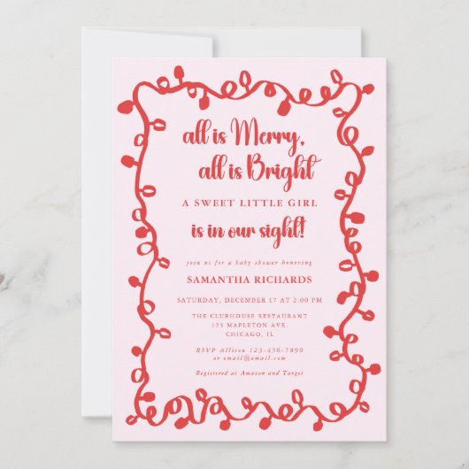 Christmas Girl blush pink red lights baby shower Kaart (Voorkant)