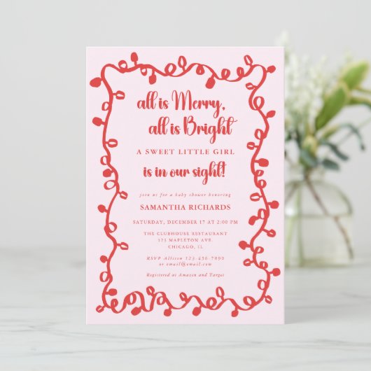 Christmas Girl blush pink red lights baby shower Kaart (Staand voorkant)