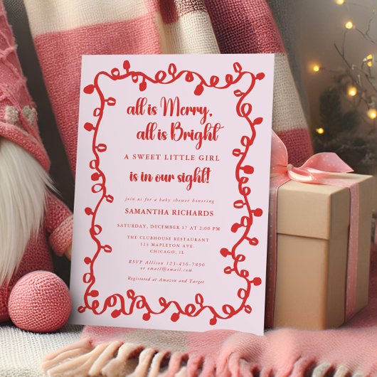 Christmas Girl blush pink red lights baby shower Kaart