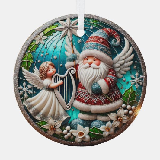 Christmas Gnome en Angel spelen harp Glas Ornament (Achterkant)