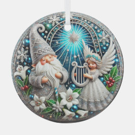 Christmas Gnome en Angel spelen harp Glas Ornament