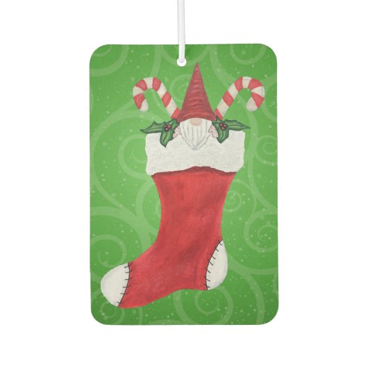 Christmas Gnome Red Hat in Stocking on Green Swirl Luchtverfrisser (Voorkant)
