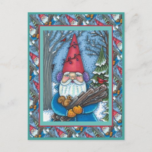 CHRISTMAS GNOME, SQUIRREL, WOODPECKER EN CARDINAL FEESTDAGENKAART (Voorkant)
