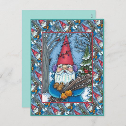 CHRISTMAS GNOME, SQUIRREL, WOODPECKER EN CARDINAL FEESTDAGENKAART (Voorkant / Achterkant)