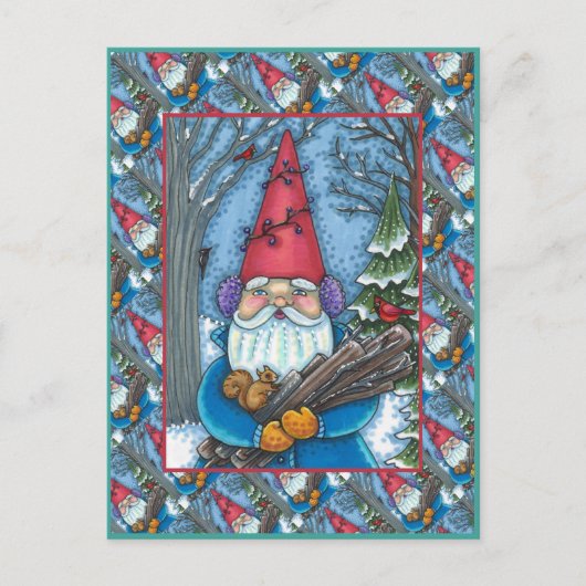 CHRISTMAS GNOME, SQUIRREL, WOODPECKER EN CARDINAL FEESTDAGENKAART (Voorkant)