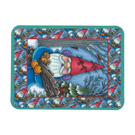 CHRISTMAS GNOME, SQUIRREL, WOODPECKER EN CARDINAL MAGNEET (Horizontaal)