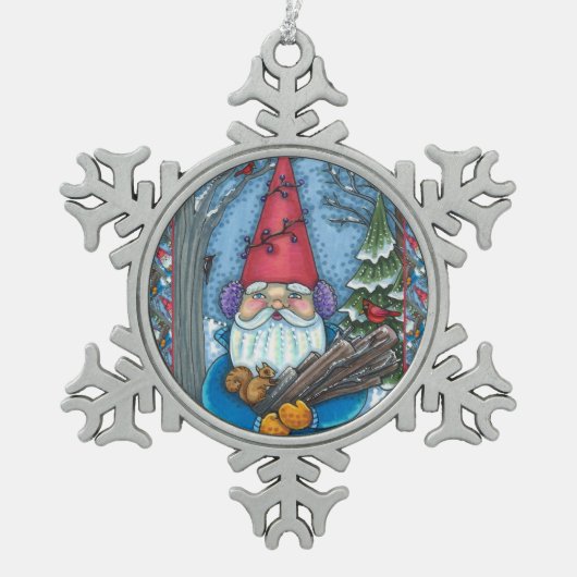 CHRISTMAS GNOME, SQUIRREL, WOODPECKER EN CARDINAL TIN SNEEUWVLOK ORNAMENT (Voorkant)