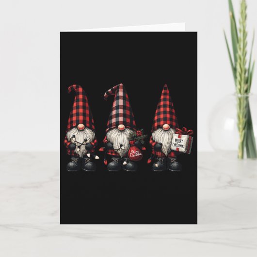Christmas Gnome Trio Buffalo Check Plaid Petten Xm Kaart (Voorkant)