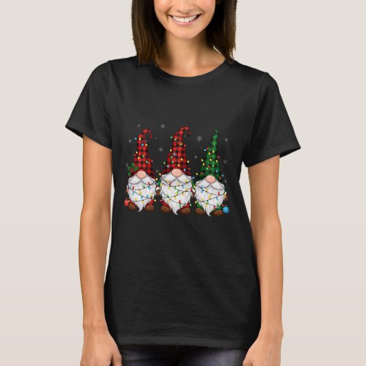 Christmas Gnome Trio Buffalo Plaid Lights Cute Xma T-shirt (Voorkant)