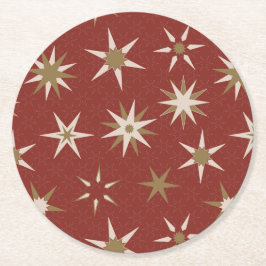 Christmas Gold Geo Stars - op rood patroon. Ronde Kartonnen Onderzetter