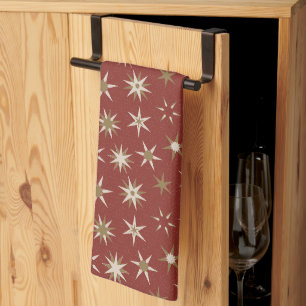 Christmas Gold Geo Stars - op rood patroon. Theedoek