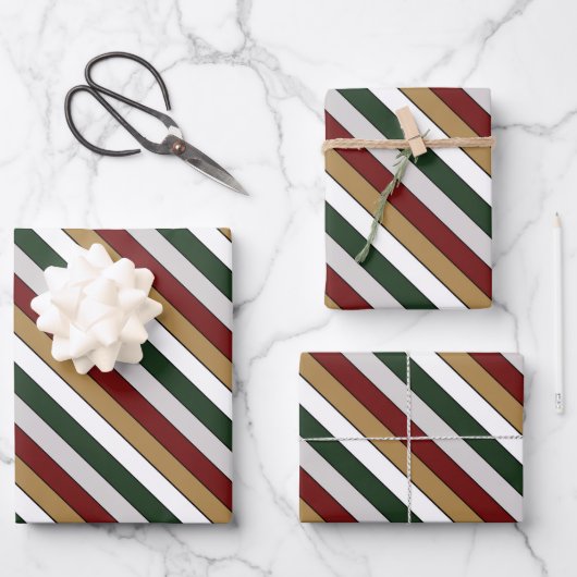 Christmas Gold Green Red Silver And White Stripes Inpakpapier Vel (Voorkant)