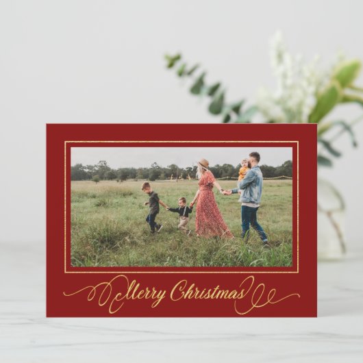 Christmas Gold Lijst Foto Vakantie Kaart Rood (Staand voorkant)