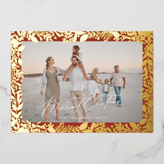 Christmas Gold Red Botanical Lijst Merriest Foto Folie Feestdagenkaart (Voorkant)