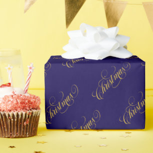 Christmas Gold Typography Patroon Blauw Cadeaupapier