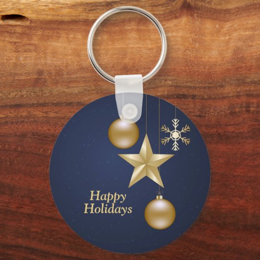 Christmas Golden Ornaments Stars Navy Blue Elegant Sleutelhanger (Voorkant)