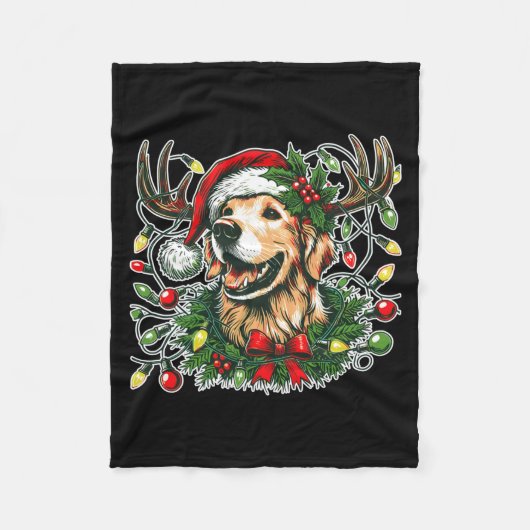 Christmas Golden Retriever Antlers Santa Hat Long  Fleece Deken (Voorkant)