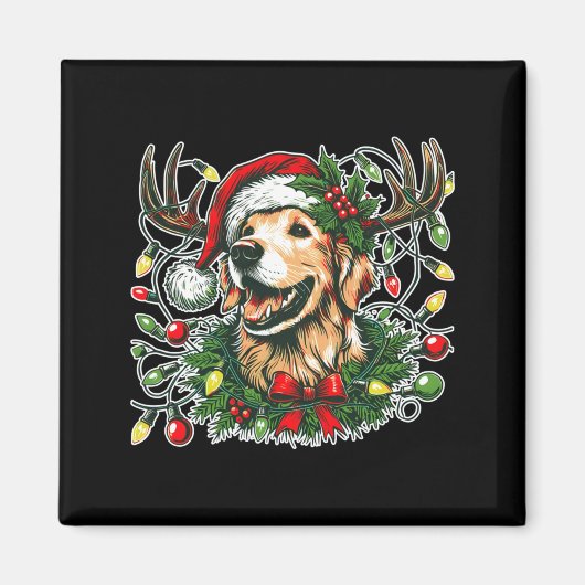 Christmas Golden Retriever Antlers Santa Hat Long  Magneet (Voorkant)