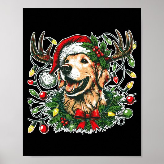 Christmas Golden Retriever Antlers Santa Hat Long Poster (Voorkant)