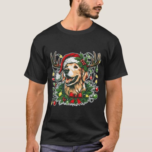 Christmas Golden Retriever Antlers Santa Hat Long  T-shirt (Voorkant)