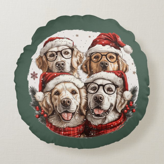 Christmas Golden Retriever Honden Rond Kussen (Voorkant)