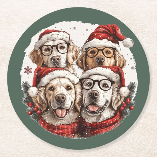 Christmas Golden Retriever Honden Ronde Kartonnen Onderzetter (Voorkant)