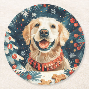 Christmas Golden Retriever Honden Ronde Kartonnen Onderzetter