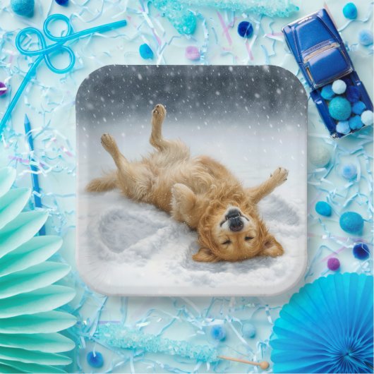 Christmas Golden Retriever Making a Snow Angel Papieren Bordje (Feest)