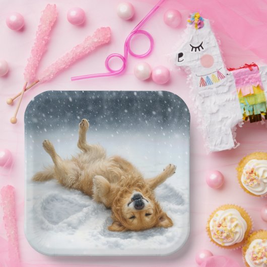 Christmas Golden Retriever Making a Snow Angel Papieren Bordje (Feest)
