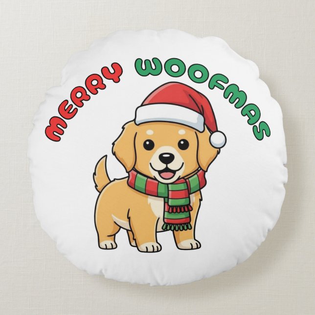 Christmas Golden Retriever: Merry Woofmas Rond Kussen (Voorkant)