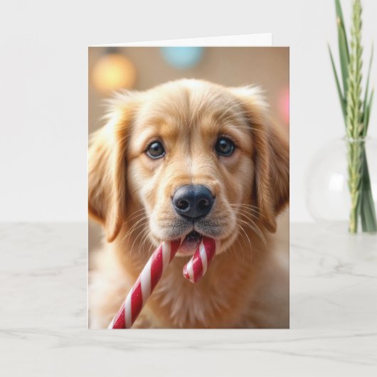 Christmas Golden Retriever Puppy and a Candy Cane Kaart (Voorkant)