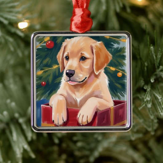 Christmas Golden Retriever Puppy Present Metalen Ornament (Boom)