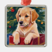 Christmas Golden Retriever Puppy Present Metalen Ornament (Voorkant)