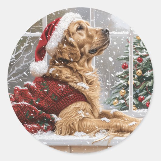 Christmas Golden Retriever Santa Dog Ronde Sticker (Voorkant)