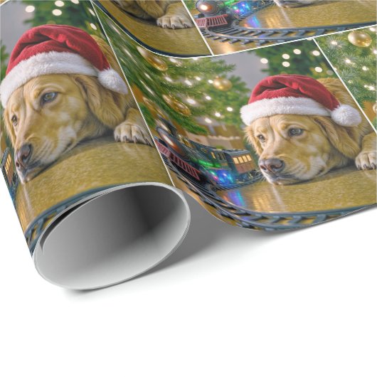 Christmas Golden Retriever Watching a Toy Train Cadeaupapier (Rol Hoek)