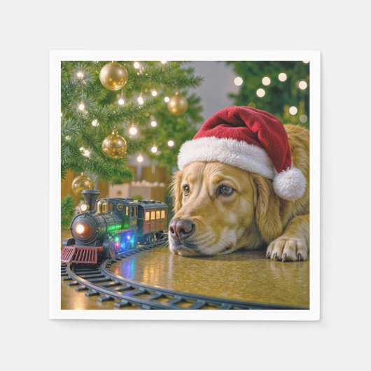Christmas Golden Retriever Watching a Toy Train Servet (Voorkant)