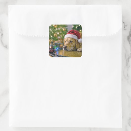 Christmas Golden Retriever Watching a Toy Train Vierkante Sticker (Tas)